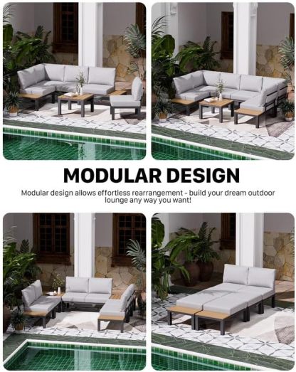 5 Pieces Aluminum Outdoor Patio Furniture Set, Movable Backrest Modular Sectional Sofa Set