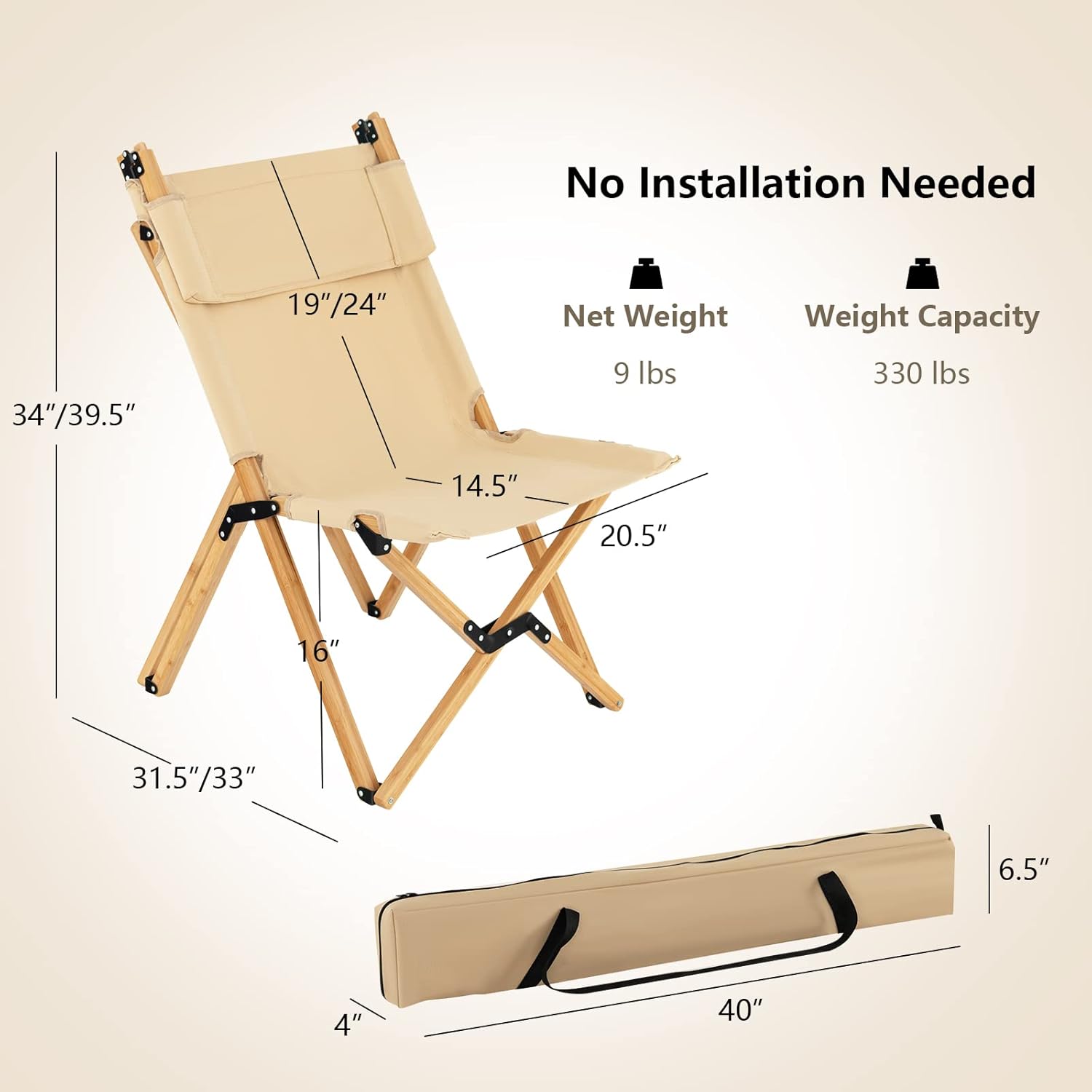 Folding Camping Chair, Bamboo Wood Beach Chair with Breathable Canvas, 2-Level Adjustable Backrest