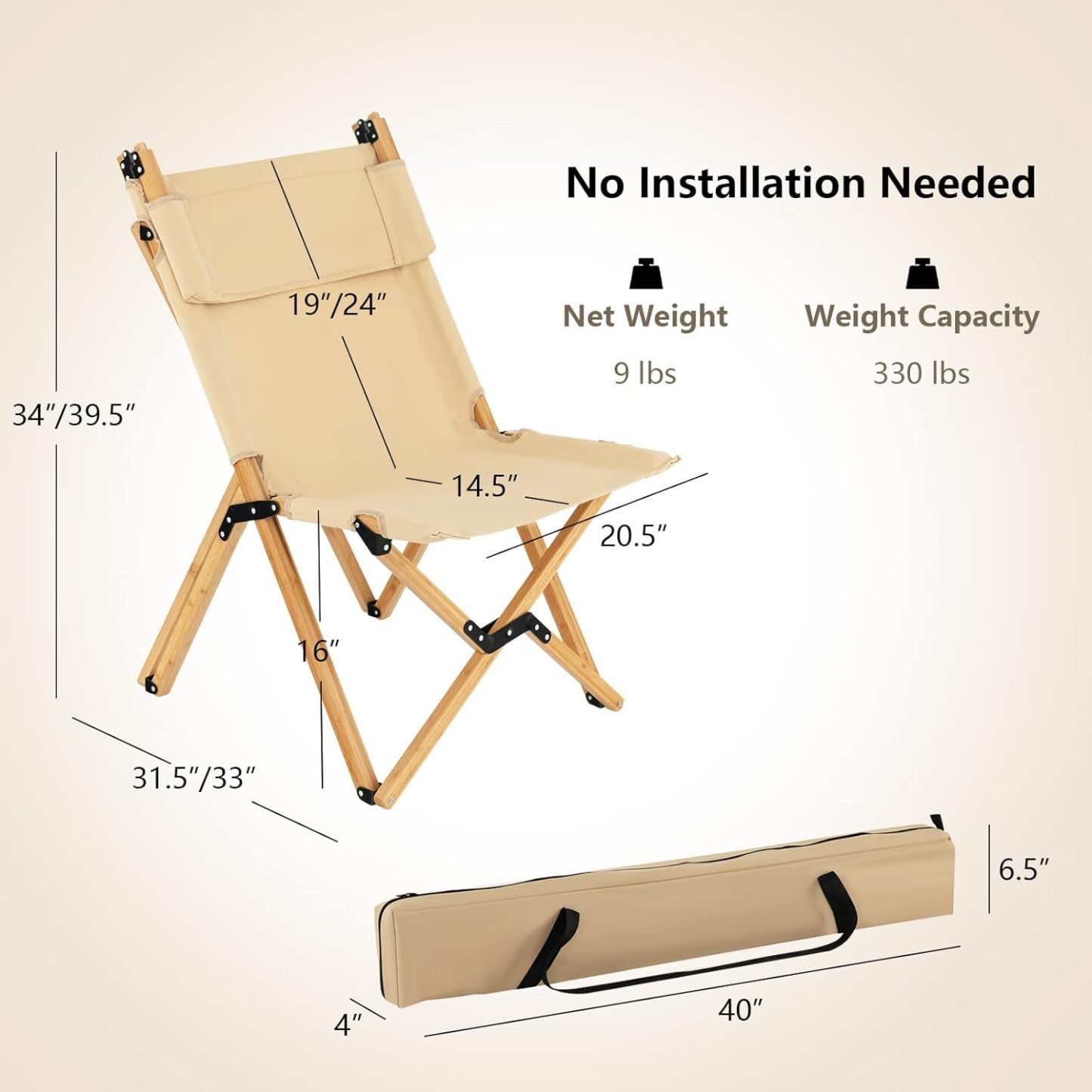 Folding Camping Chair, Bamboo Wood Beach Chair with Breathable Canvas, 2-Level Adjustable Backrest