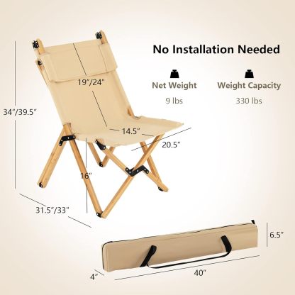 Folding Camping Chair, Bamboo Wood Beach Chair with Breathable Canvas, 2-Level Adjustable Backrest