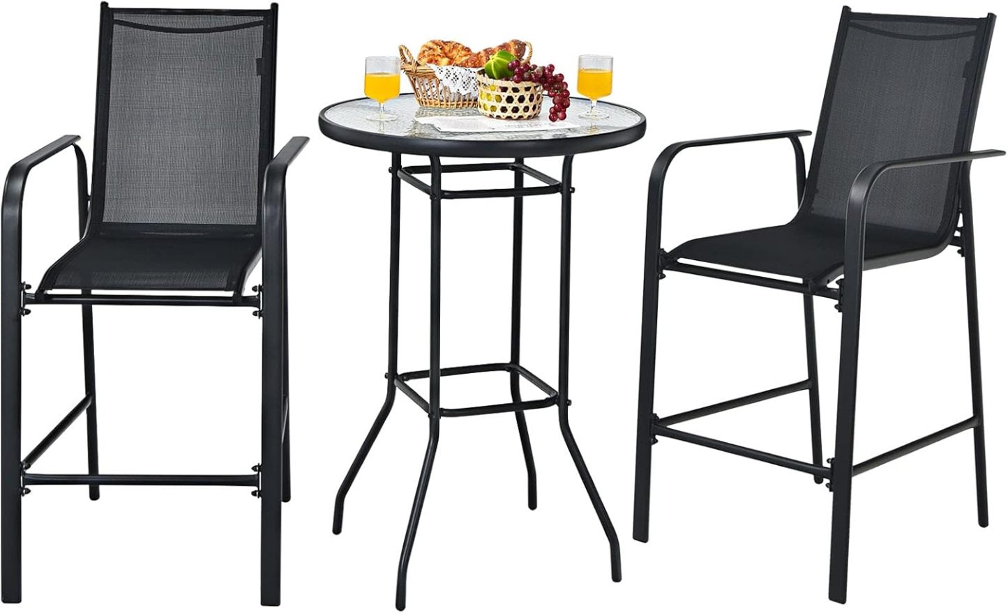 3-Piece Patio Bar Set Outdoor High Top Bistro Set with 2 Bar Stools and 1 Tempered Glass Top Table