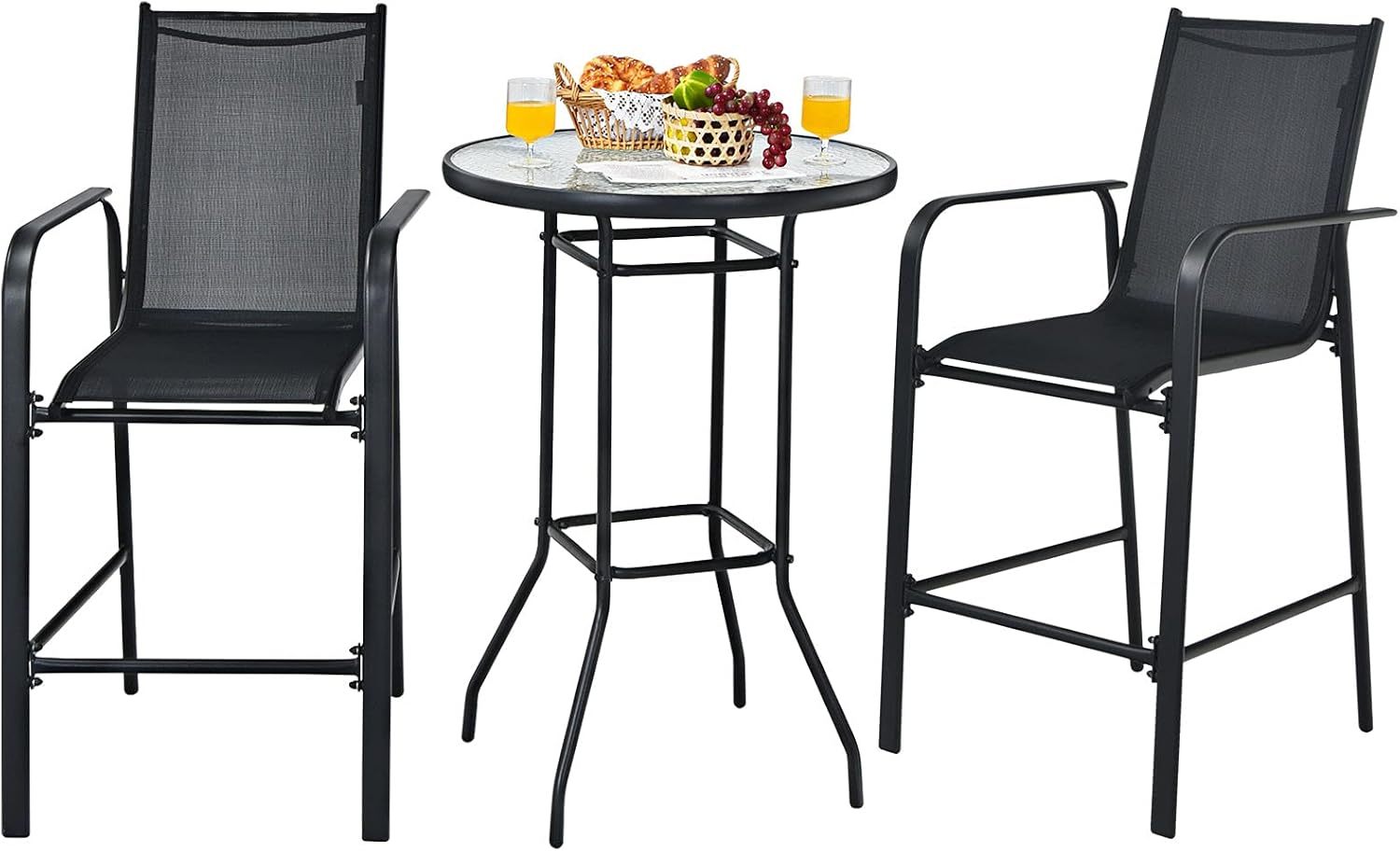 3-Piece Patio Bar Set Outdoor High Top Bistro Set with 2 Bar Stools and 1 Tempered Glass Top Table