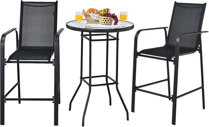3-Piece Patio Bar Set Outdoor High Top Bistro Set with 2 Bar Stools and 1 Tempered Glass Top Table