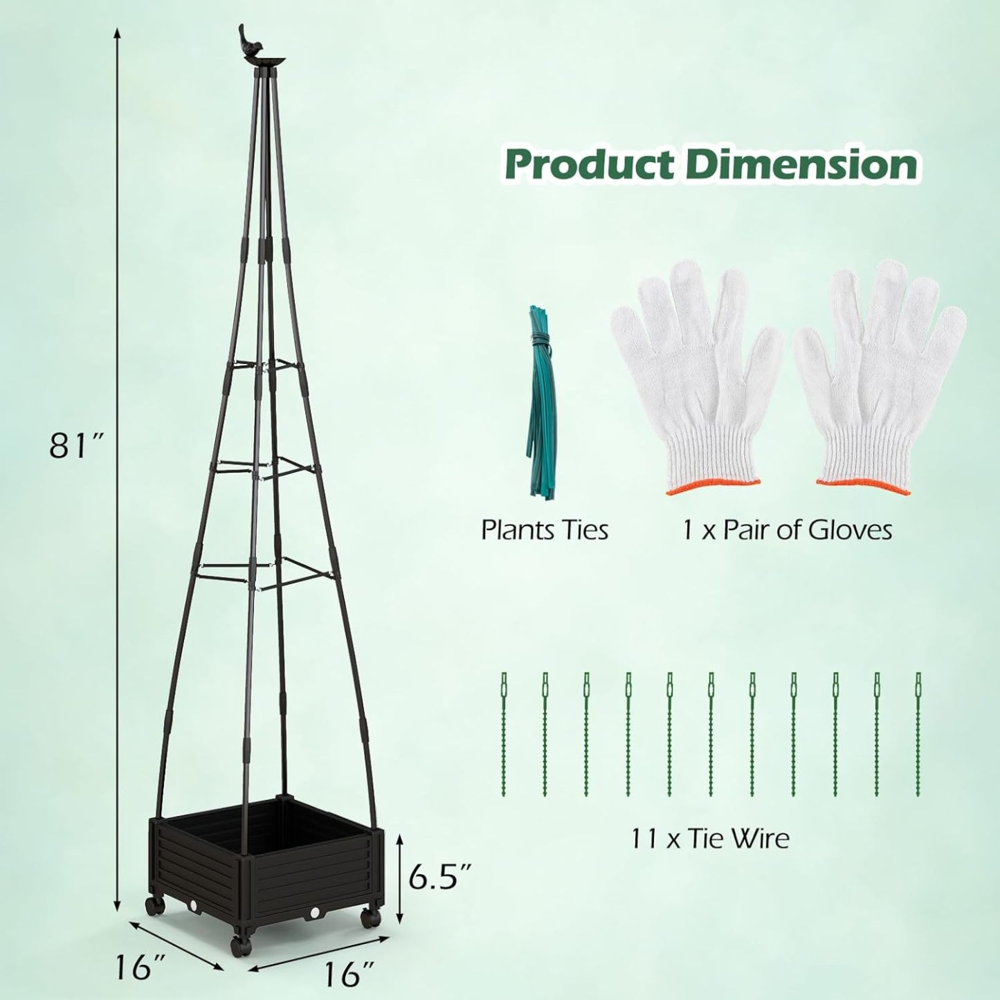 81” Garden Obelisk Trellis for Climbing Plants, Tall Plant Support w/Self-Drainage System, Adjustable Size & Wheels for Vines Fruits Flowers, Indoor Outdoor Tomato Cage Tower for Yard Lawn