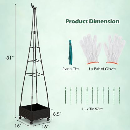 81” Garden Obelisk Trellis for Climbing Plants, Tall Plant Support w/Self-Drainage System, Adjustable Size & Wheels for Vines Fruits Flowers, Indoor Outdoor Tomato Cage Tower for Yard Lawn