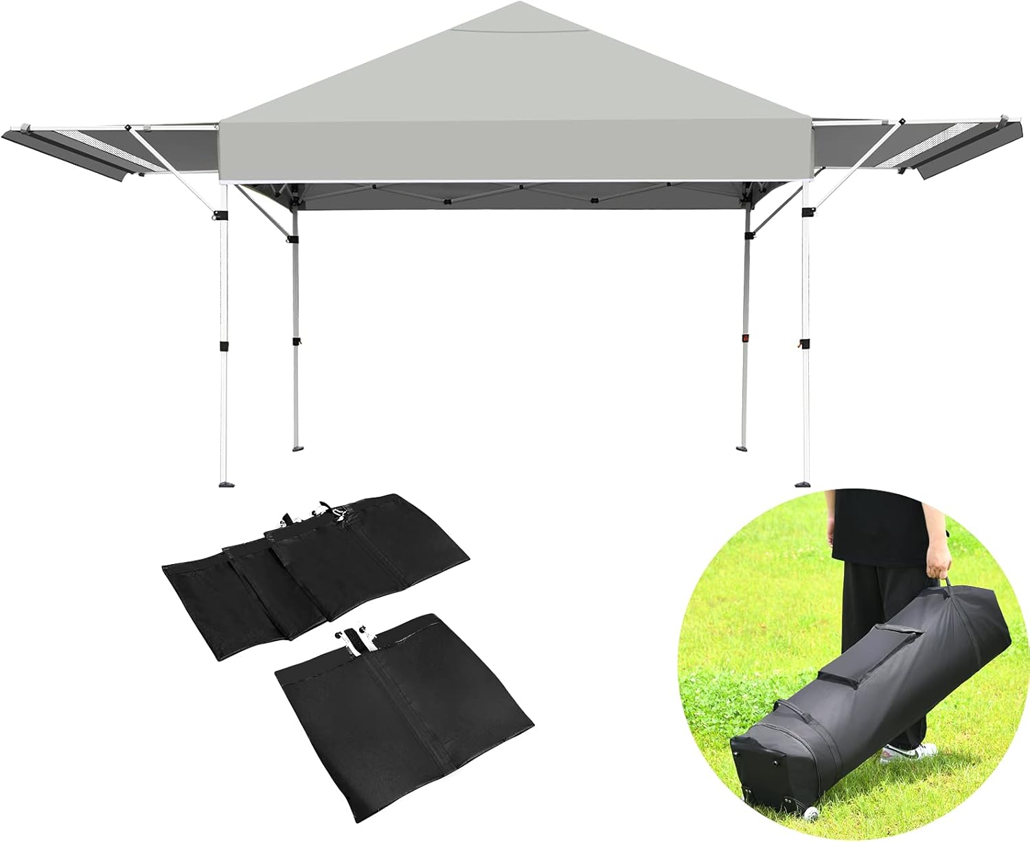 Pop Up Canopy Folding Tent with Roller Bag Patio Instant Canopy with Dual Half Awnings, 3 Adjustable Height Outdoor Shelter Pavilion for Business Party Beach