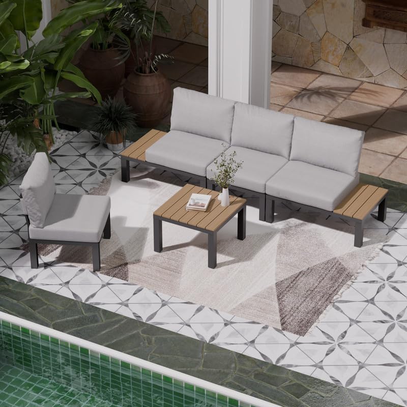 5 Pieces Aluminum Outdoor Patio Furniture Set, Movable Backrest Modular Sectional Sofa Set