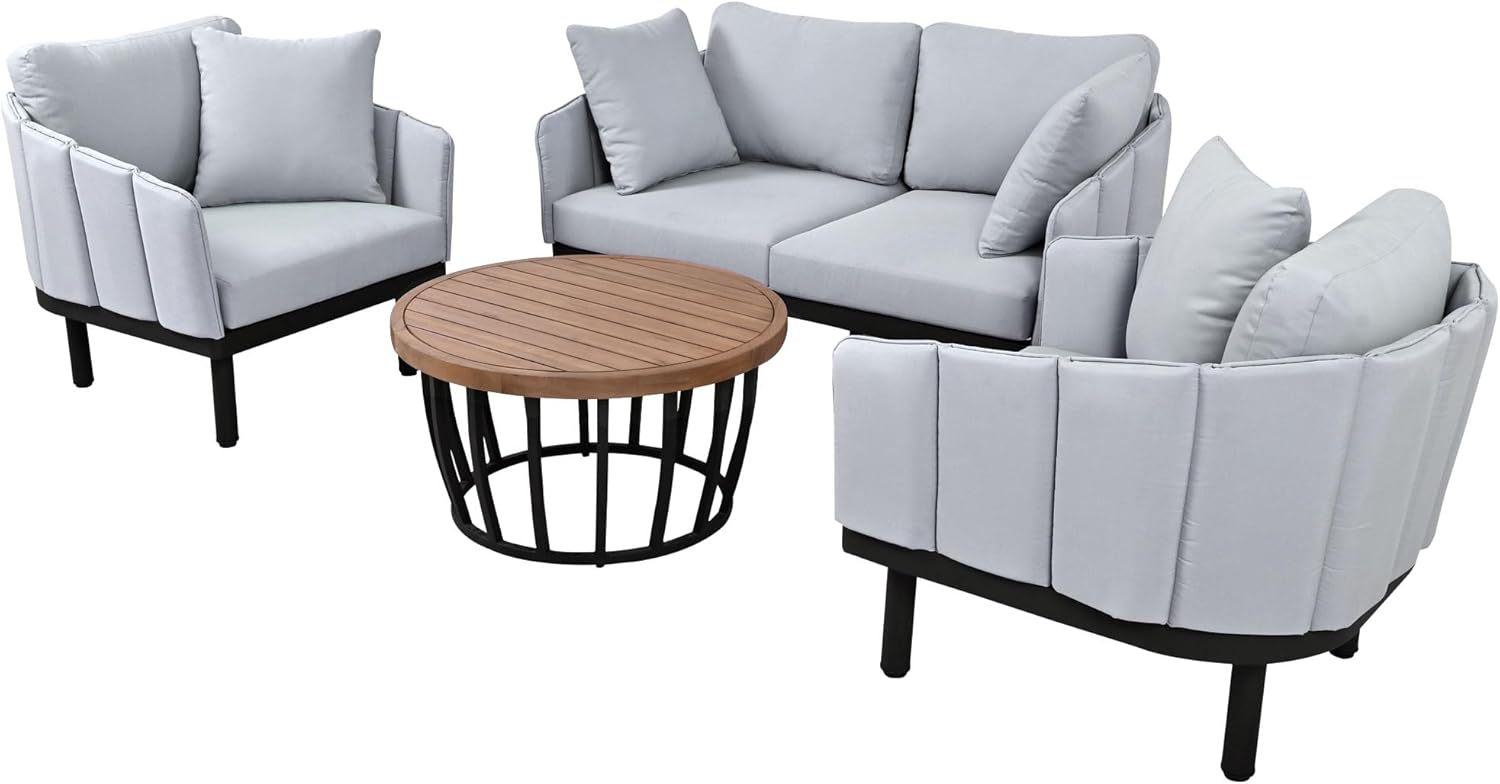 Luxury Outdoor Patio Sofa Set - 4-Piece Modern Iron Frame Conversation Set Patio Chat Set Outdoor Sofa Couch Set with Coffee Table