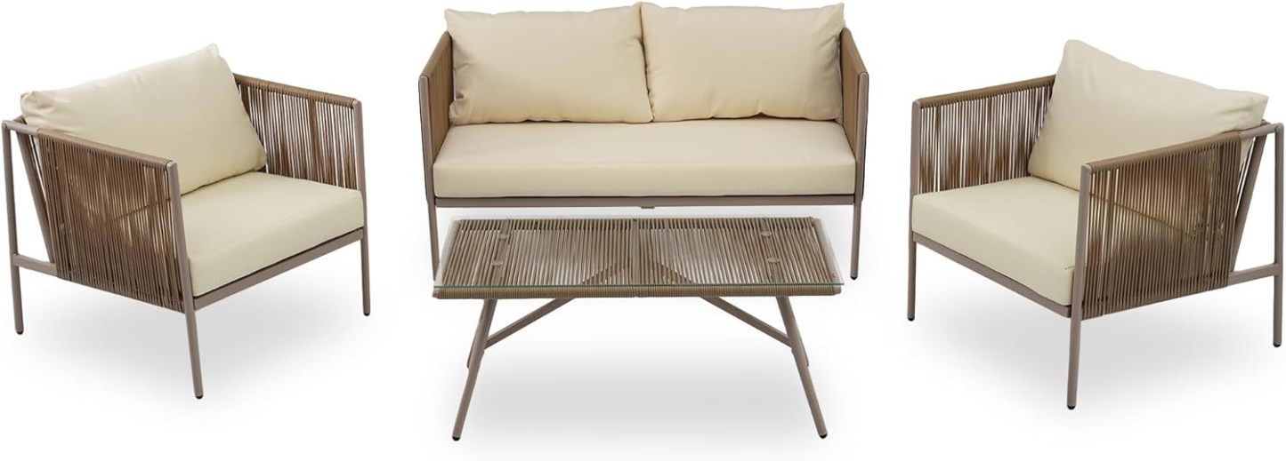 Patio 4-Piece Rope Sofa Set - Patio Furniture Set with Thick Cushions and Toughened Glass Table, All-Weather Patio Furniture Se