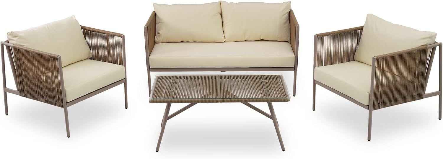 Patio 4-Piece Rope Sofa Set - Patio Furniture Set with Thick Cushions and Toughened Glass Table, All-Weather Patio Furniture Se