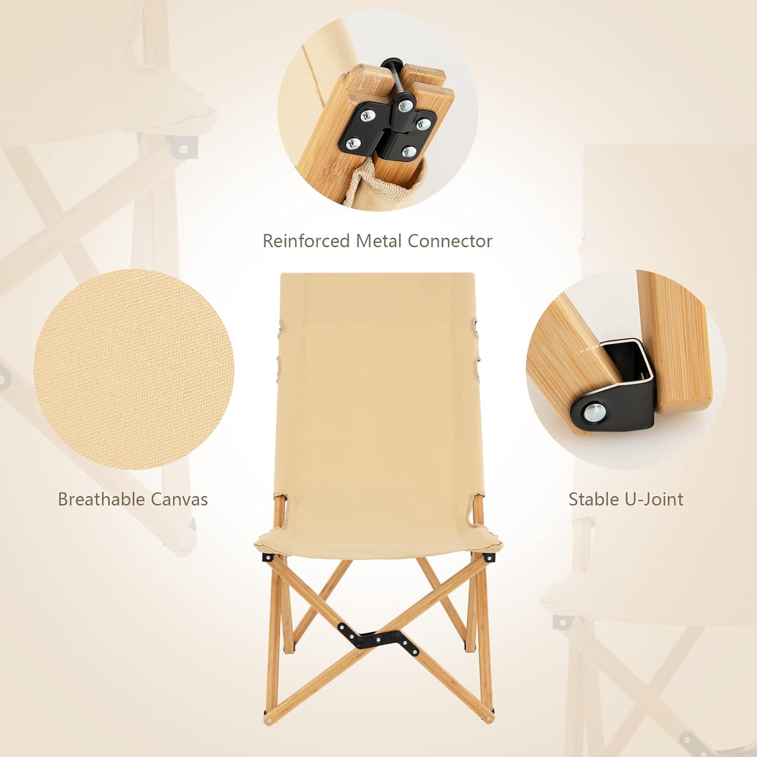 Folding Camping Chair, Bamboo Wood Beach Chair with Breathable Canvas, 2-Level Adjustable Backrest