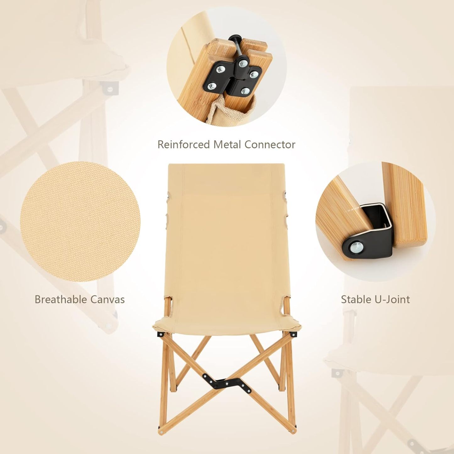 Folding Camping Chair, Bamboo Wood Beach Chair with Breathable Canvas, 2-Level Adjustable Backrest