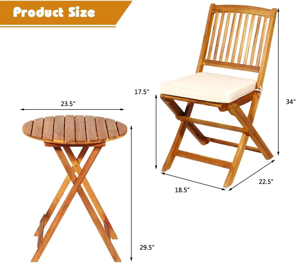 3 Pieces Patio Bistro Set Table & Chair with Cushions Foldable Wooden Furniture Chairs and Coffee Table for Outdoor Balcony Garden Backyard