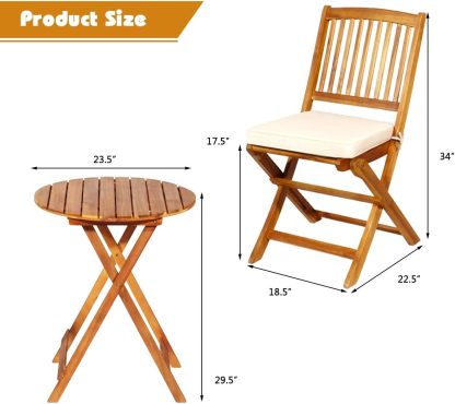 3 Pieces Patio Bistro Set Table & Chair with Cushions Foldable Wooden Furniture Chairs and Coffee Table for Outdoor Balcony Garden Backyard
