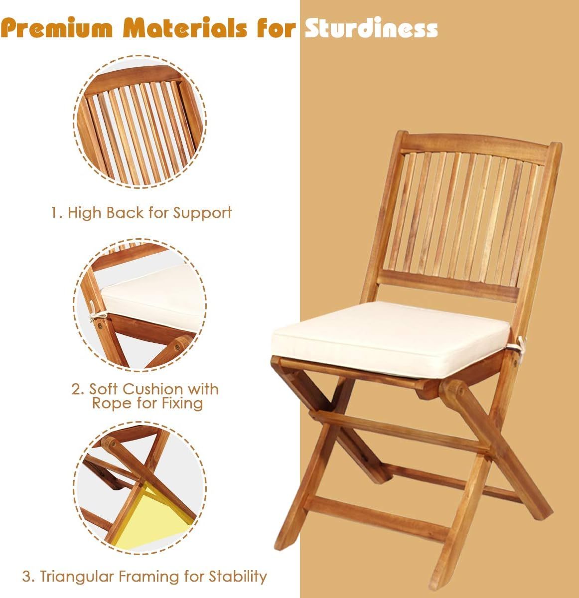 3 Pieces Patio Bistro Set Table & Chair with Cushions Foldable Wooden Furniture Chairs and Coffee Table for Outdoor Balcony Garden Backyard