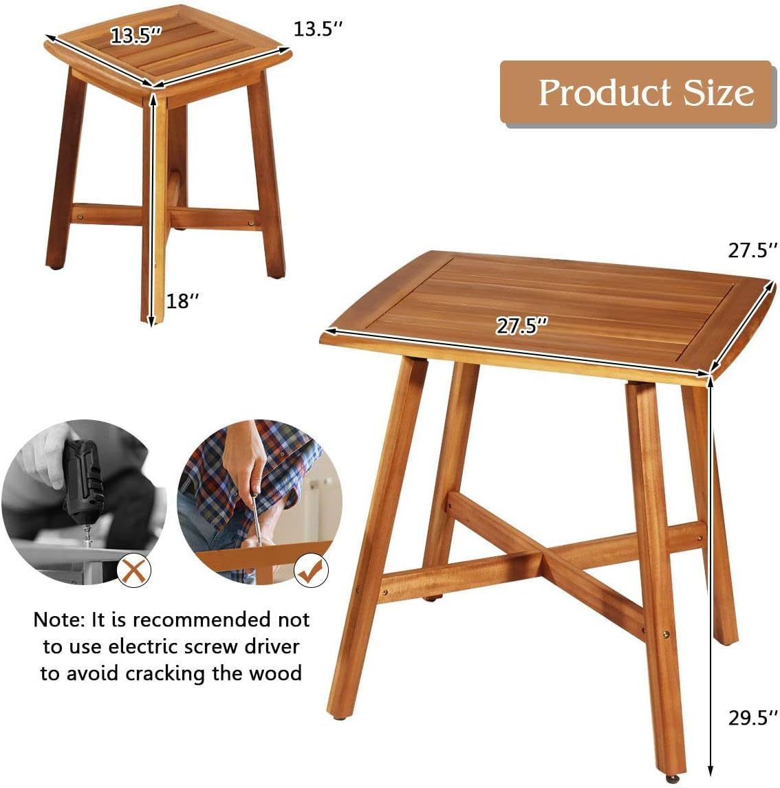 5 Pieces Wooden Patio Dining Set, Outdoor Acacia Wood Dining Furniture Set with 4 Stools, Wood Table and Armless Chairs for Garden Porch Backyard Balcony Poolside