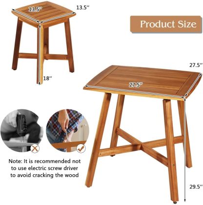 5 Pieces Wooden Patio Dining Set, Outdoor Acacia Wood Dining Furniture Set with 4 Stools, Wood Table and Armless Chairs for Garden Porch Backyard Balcony Poolside