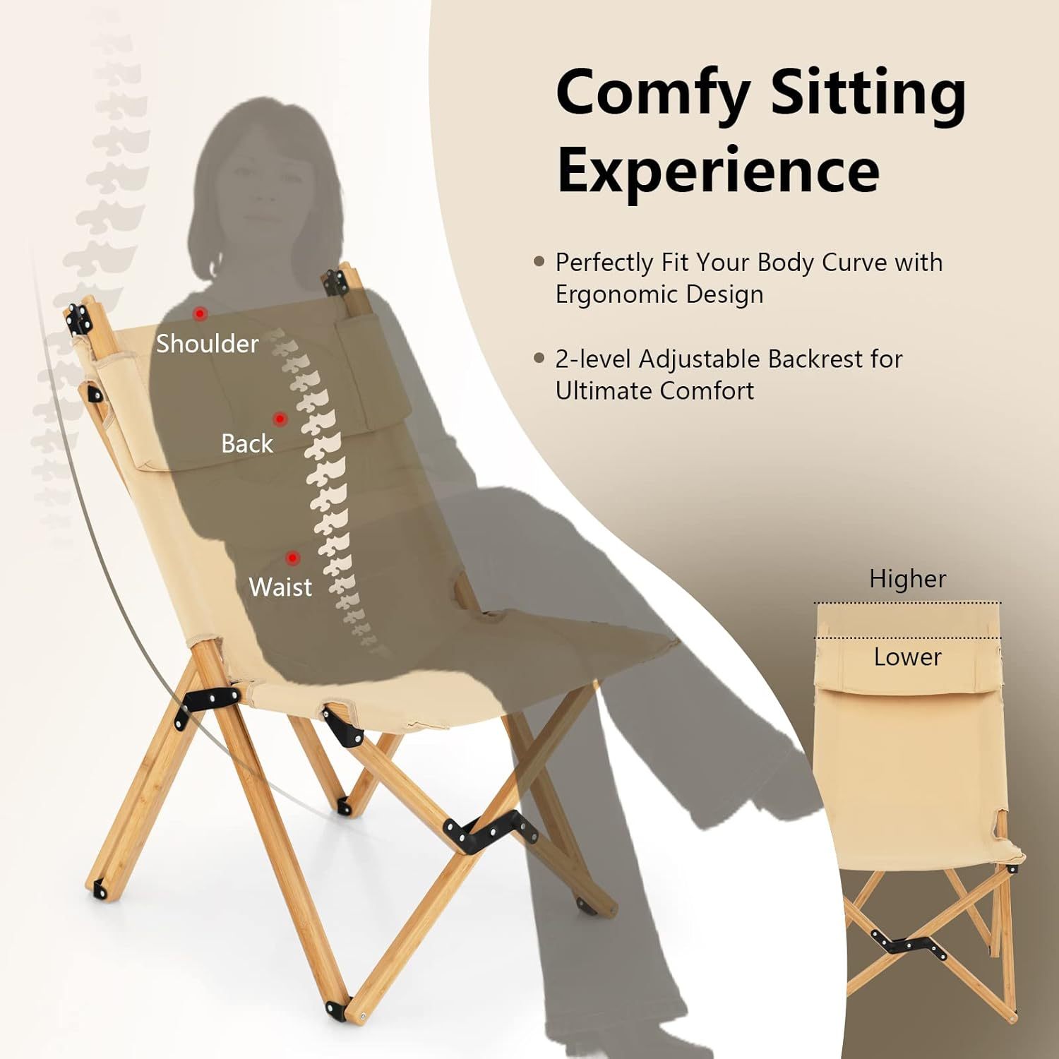 Folding Camping Chair, Bamboo Wood Beach Chair with Breathable Canvas, 2-Level Adjustable Backrest