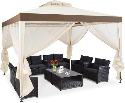 10FT Patio Canopy Gazebo with Double Tiered Roof, Outdoor Tent Shelter Garden Party Tent with Steel Frame & Removable Mesh Side Walls Net for Patio Lawn or Deck