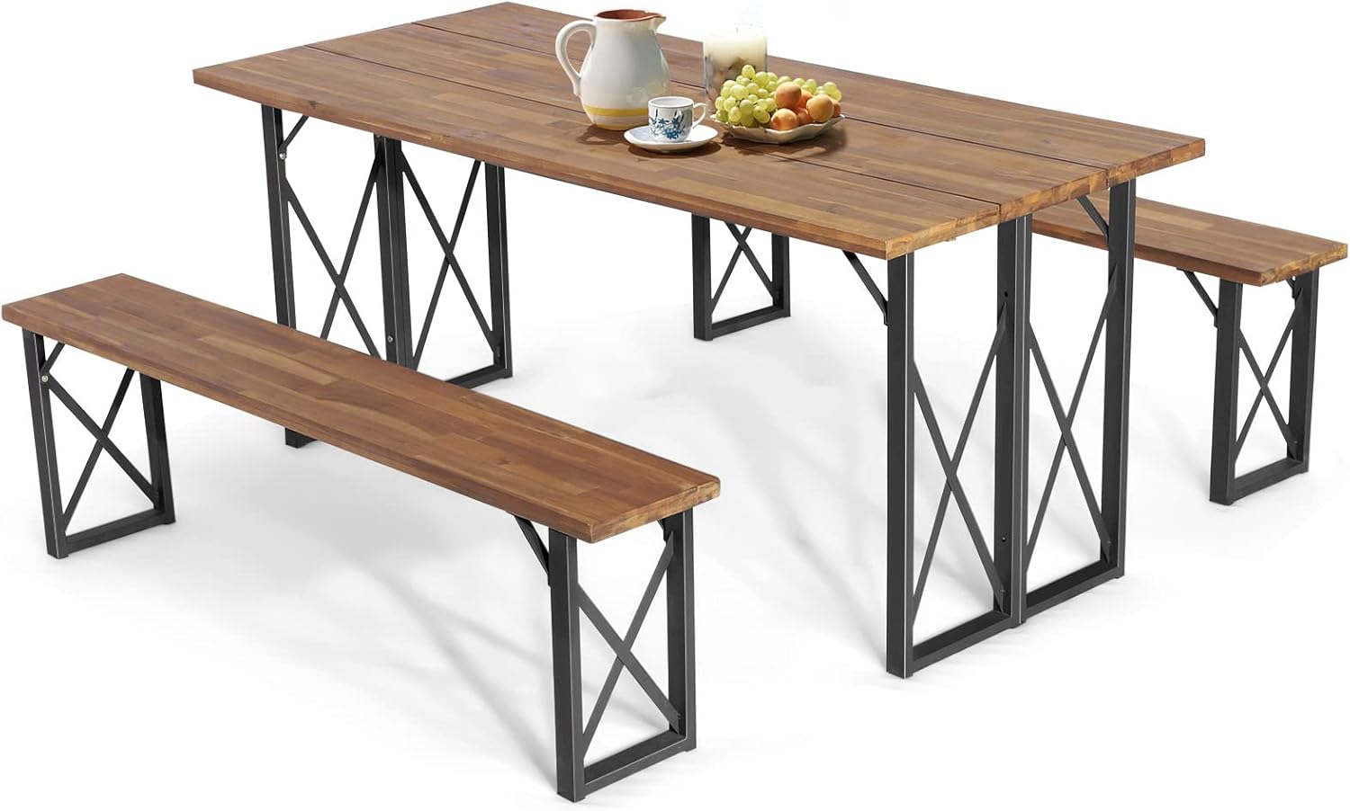 3 Pieces Outdoor Dining Set with Metal Frame, Solid Acacia Wood Patio Dining Table and Bench Set with 2 Inches Umbrella Hole