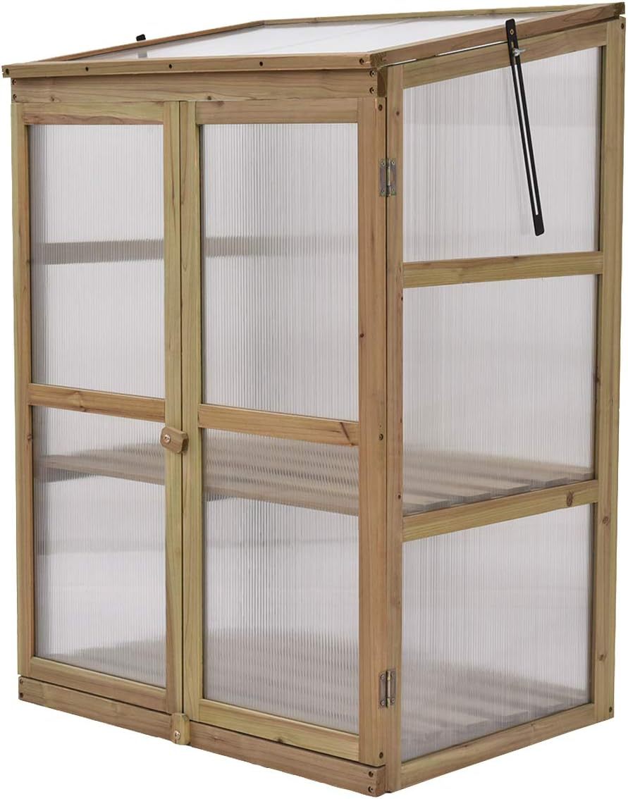Cold Frame Greenhouse, Portable Wood Mini Greenhouse w/Transparent Openable Roof, Double Doors & 3 Tier Shelves, Small Greenhouse