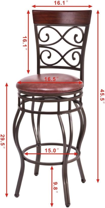 Bar Stools Set of 2, 360 Degree Swivel Counter Height Bar Stools with Leather Padded Seat & Back for Bistro Dining Kitchen Patio, 30" Height Seat Bar Stool Chairs for Kitchen Island