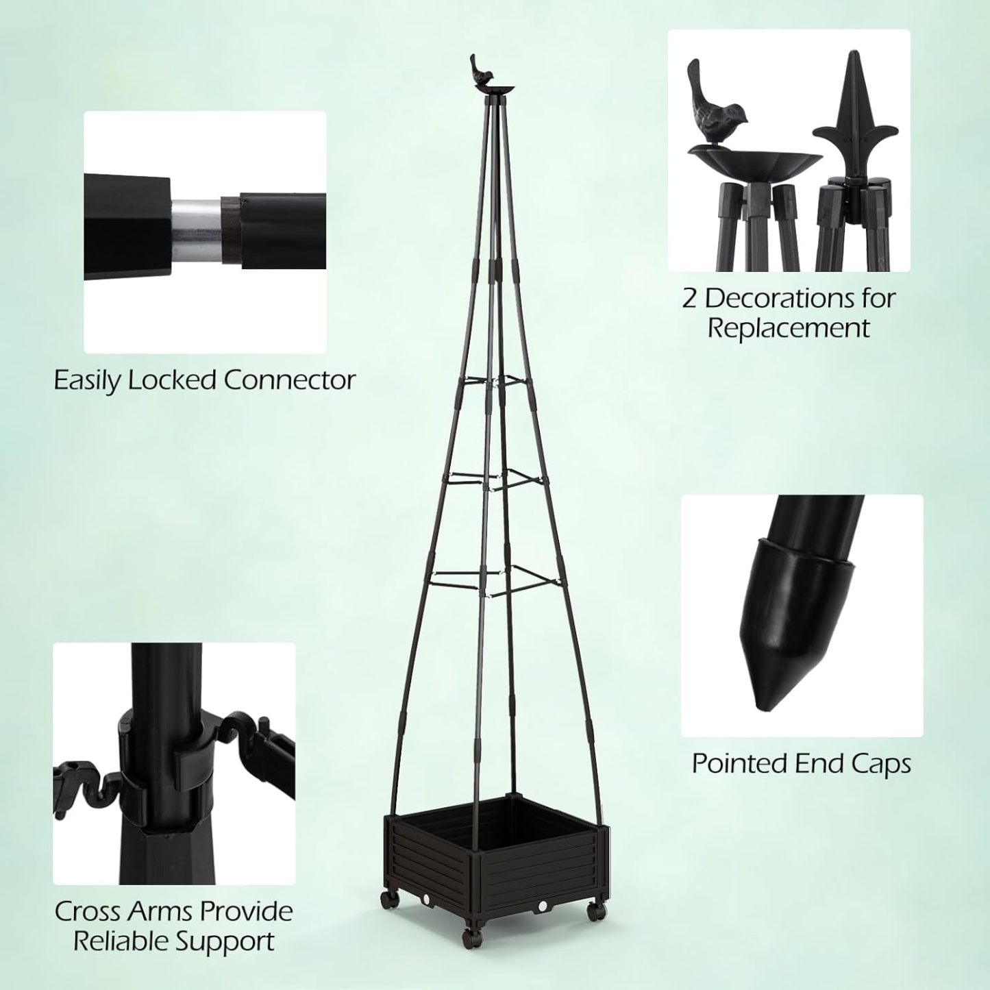 81” Garden Obelisk Trellis for Climbing Plants, Tall Plant Support w/Self-Drainage System, Adjustable Size & Wheels for Vines Fruits Flowers, Indoor Outdoor Tomato Cage Tower for Yard Lawn