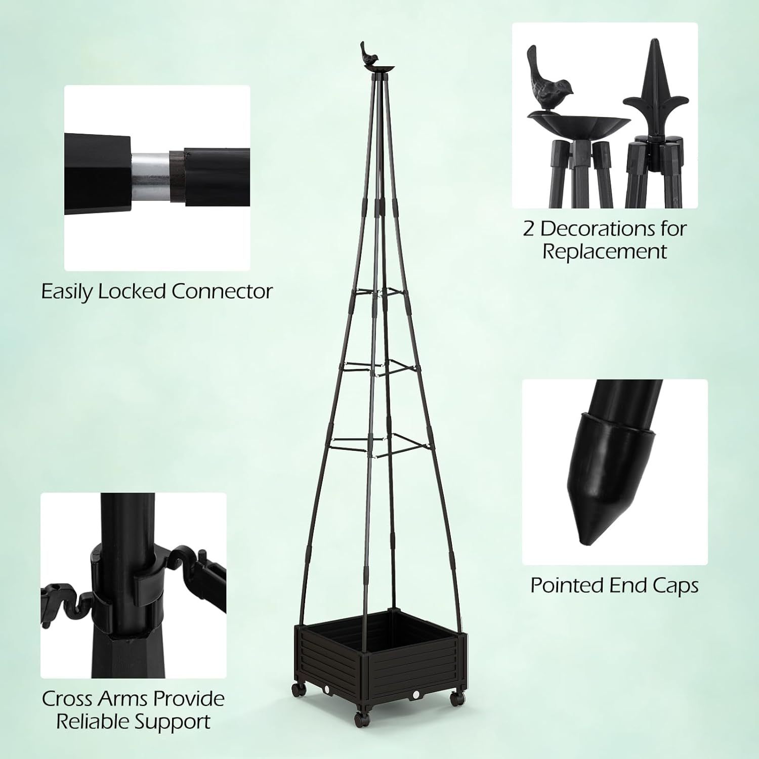 81” Garden Obelisk Trellis for Climbing Plants, Tall Plant Support w/Self-Drainage System, Adjustable Size & Wheels for Vines Fruits Flowers, Indoor Outdoor Tomato Cage Tower for Yard Lawn