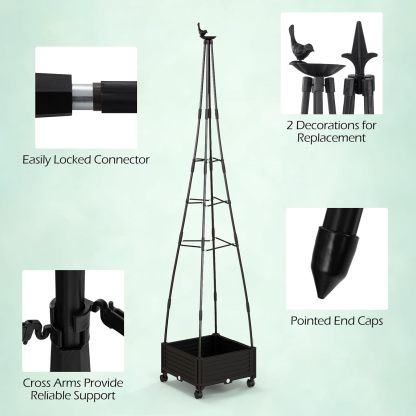 81” Garden Obelisk Trellis for Climbing Plants, Tall Plant Support w/Self-Drainage System, Adjustable Size & Wheels for Vines Fruits Flowers, Indoor Outdoor Tomato Cage Tower for Yard Lawn