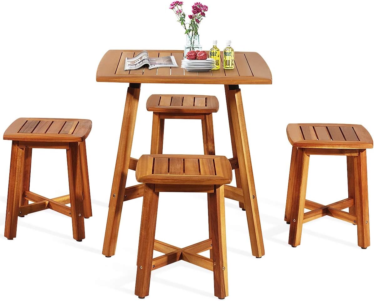 5 Pieces Wooden Patio Dining Set, Outdoor Acacia Wood Dining Furniture Set with 4 Stools, Wood Table and Armless Chairs for Garden Porch Backyard Balcony Poolside
