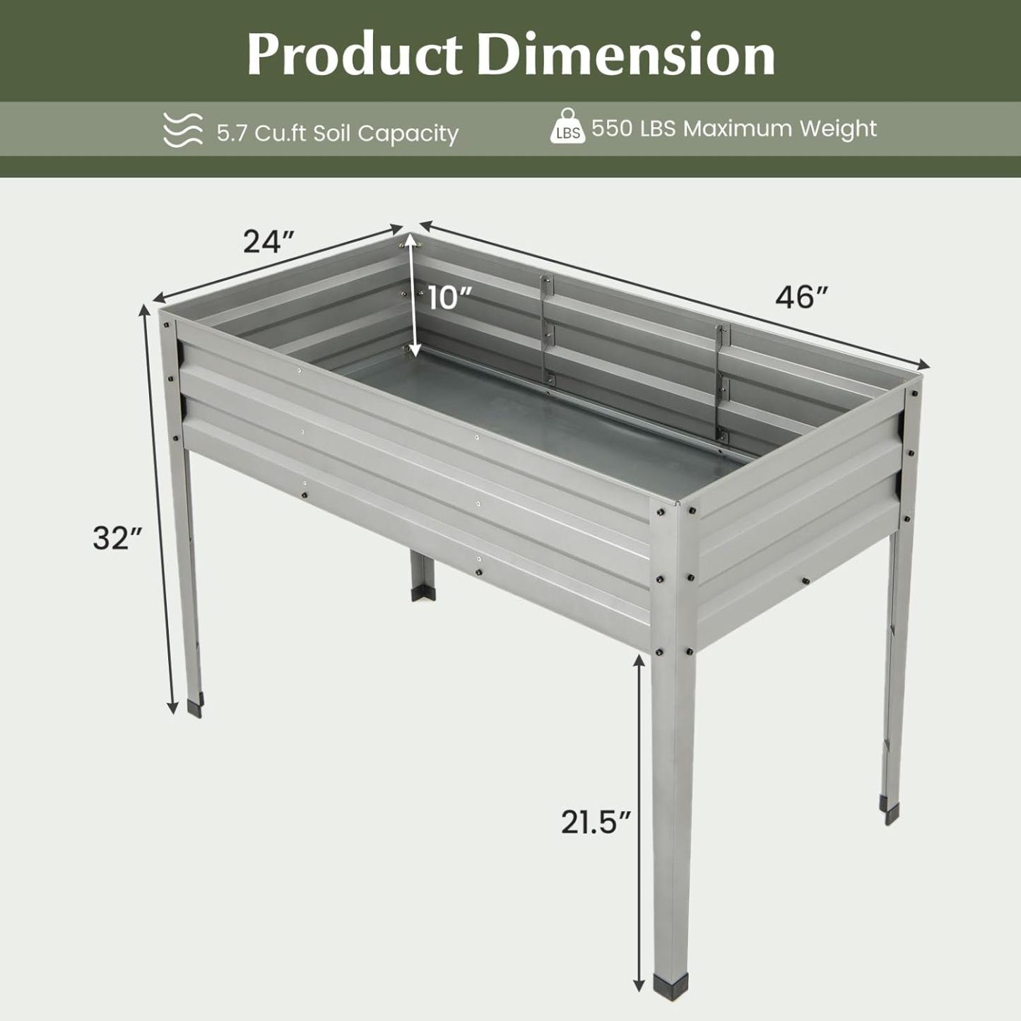 Raised Garden Bed, Freestanding Planter Box w/Drainage Holes, 4 Supporting Legs, 2 Gloves, Galvanized Planting Bed for Garden, Backyard & Patio