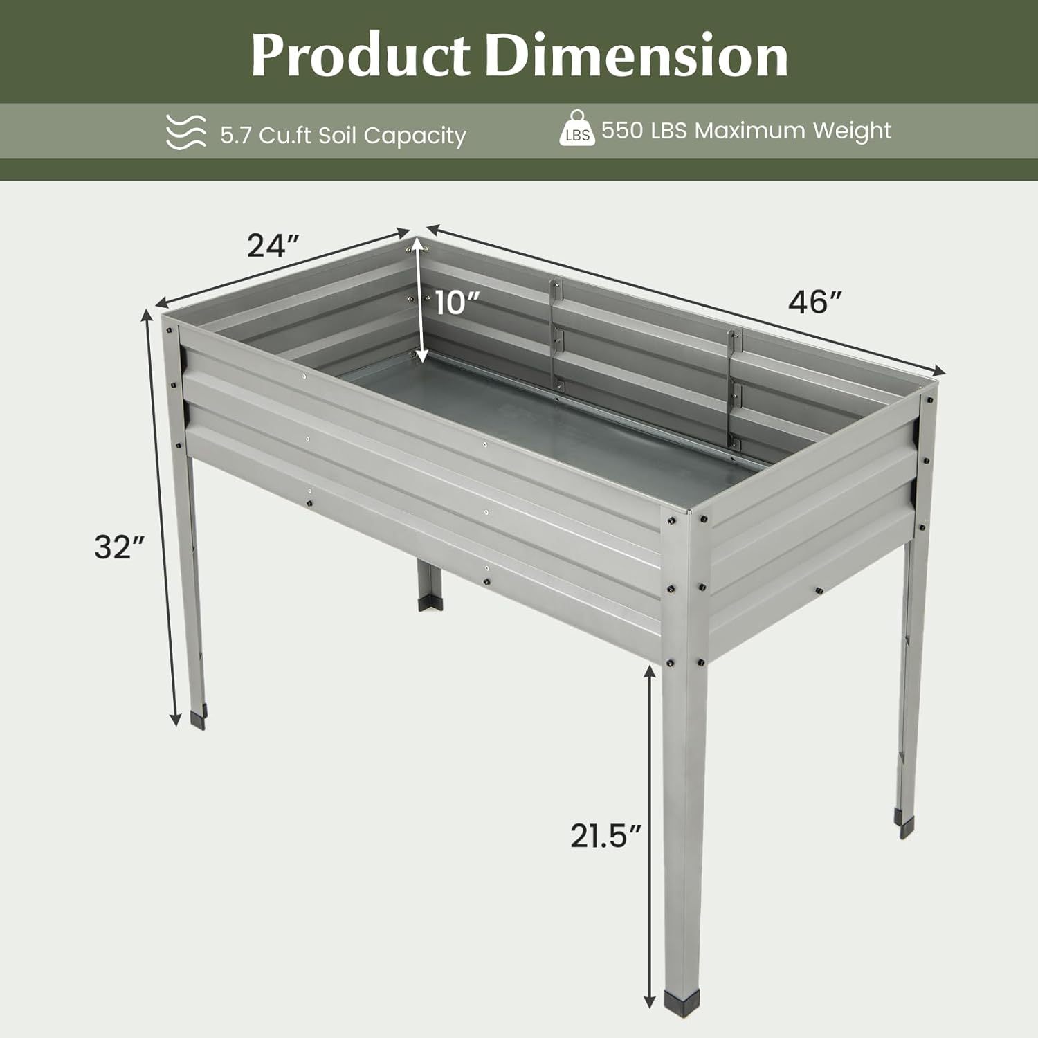 Raised Garden Bed, Freestanding Planter Box w/Drainage Holes, 4 Supporting Legs, 2 Gloves, Galvanized Planting Bed for Garden, Backyard & Patio