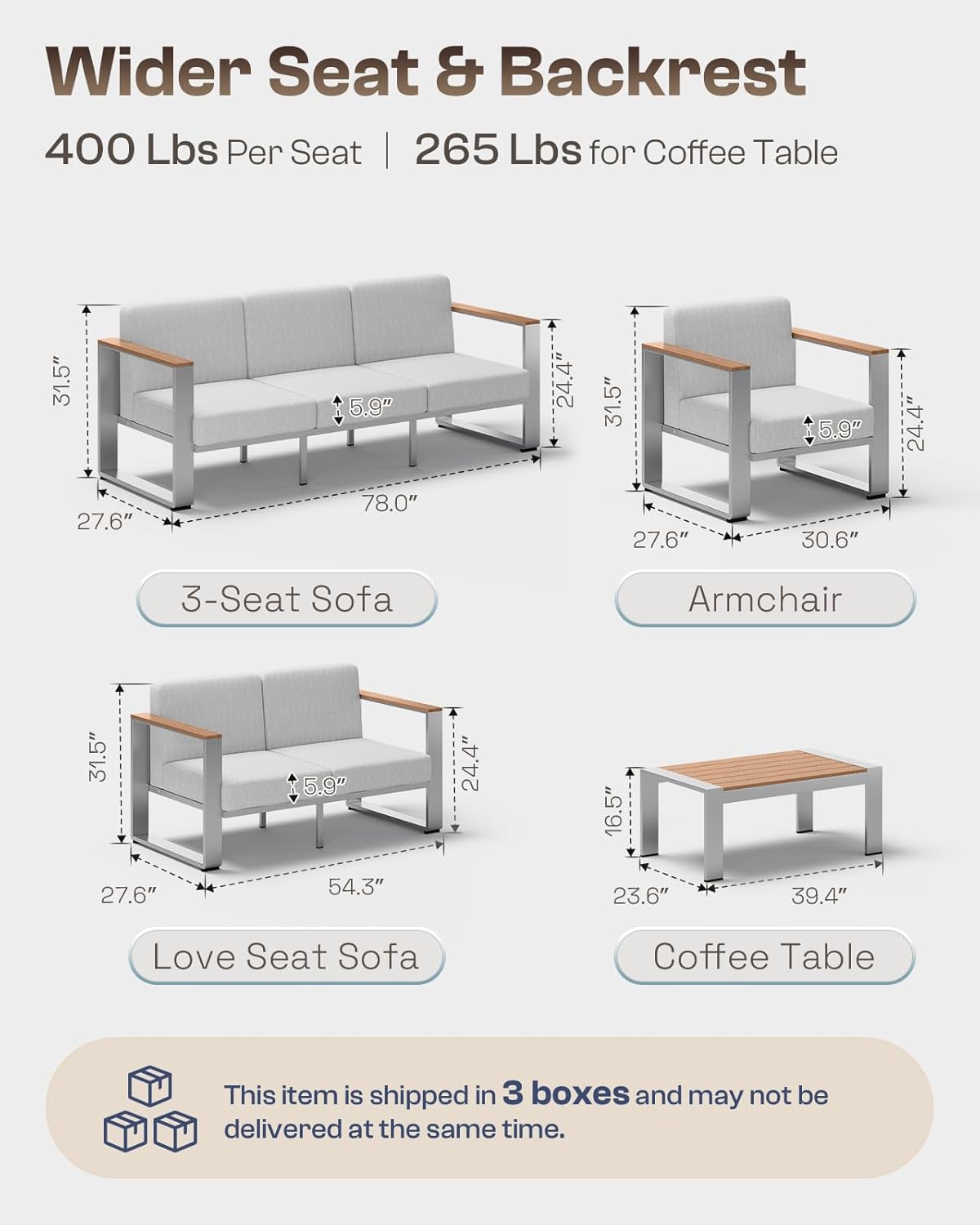 5 Seats Outdoor Patio Conversation Sets with Ergonomic Seat and Wide Washable Thick Cushions