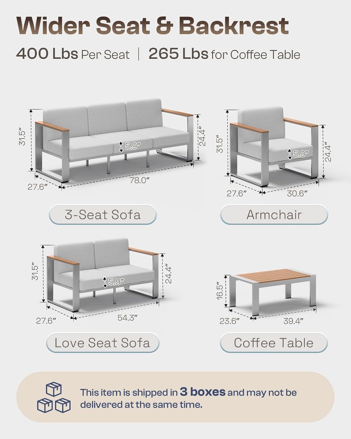 5 Seats Outdoor Patio Conversation Sets with Ergonomic Seat and Wide Washable Thick Cushions