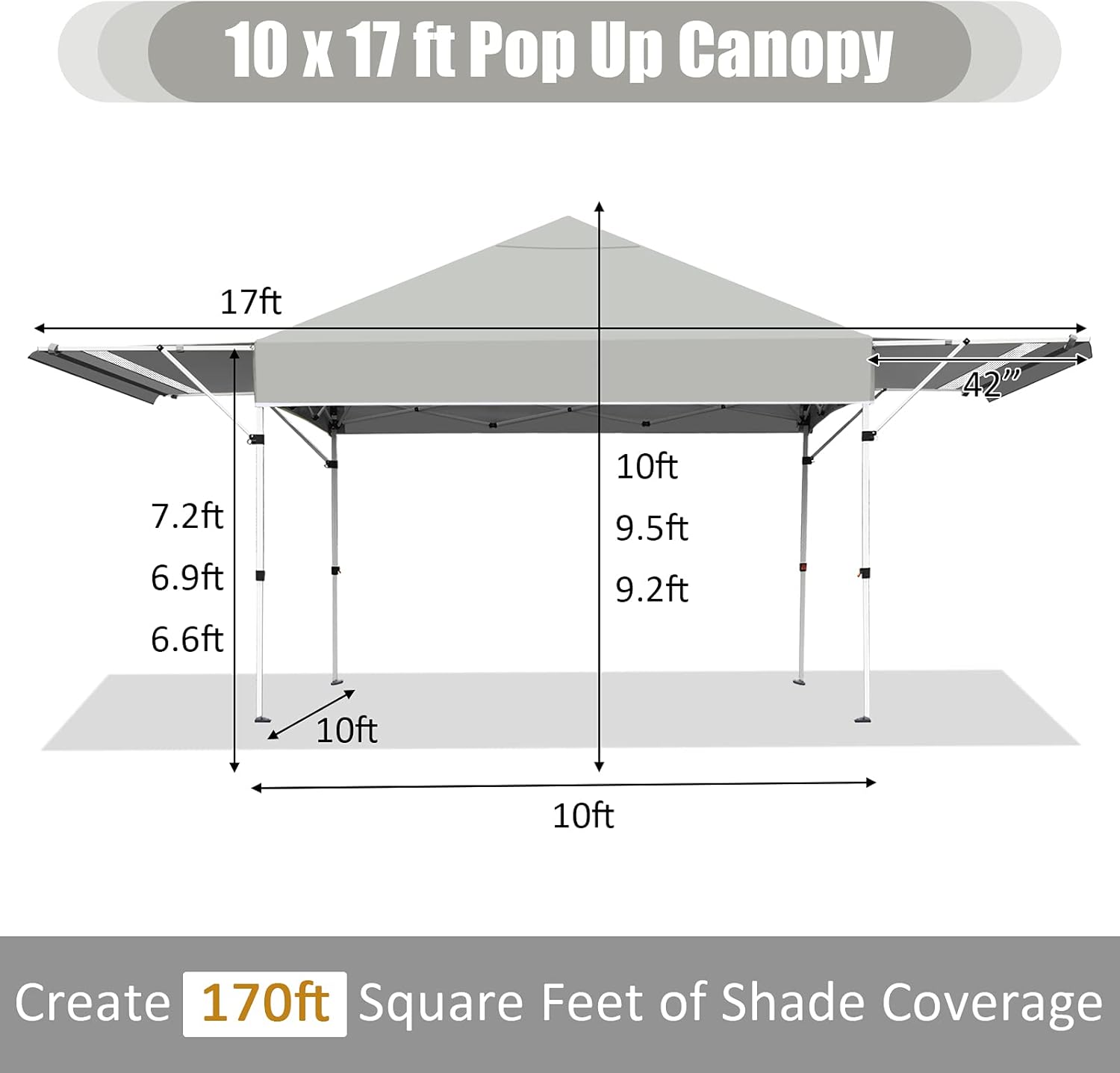 Pop Up Canopy Folding Tent with Roller Bag Patio Instant Canopy with Dual Half Awnings, 3 Adjustable Height Outdoor Shelter Pavilion for Business Party Beach