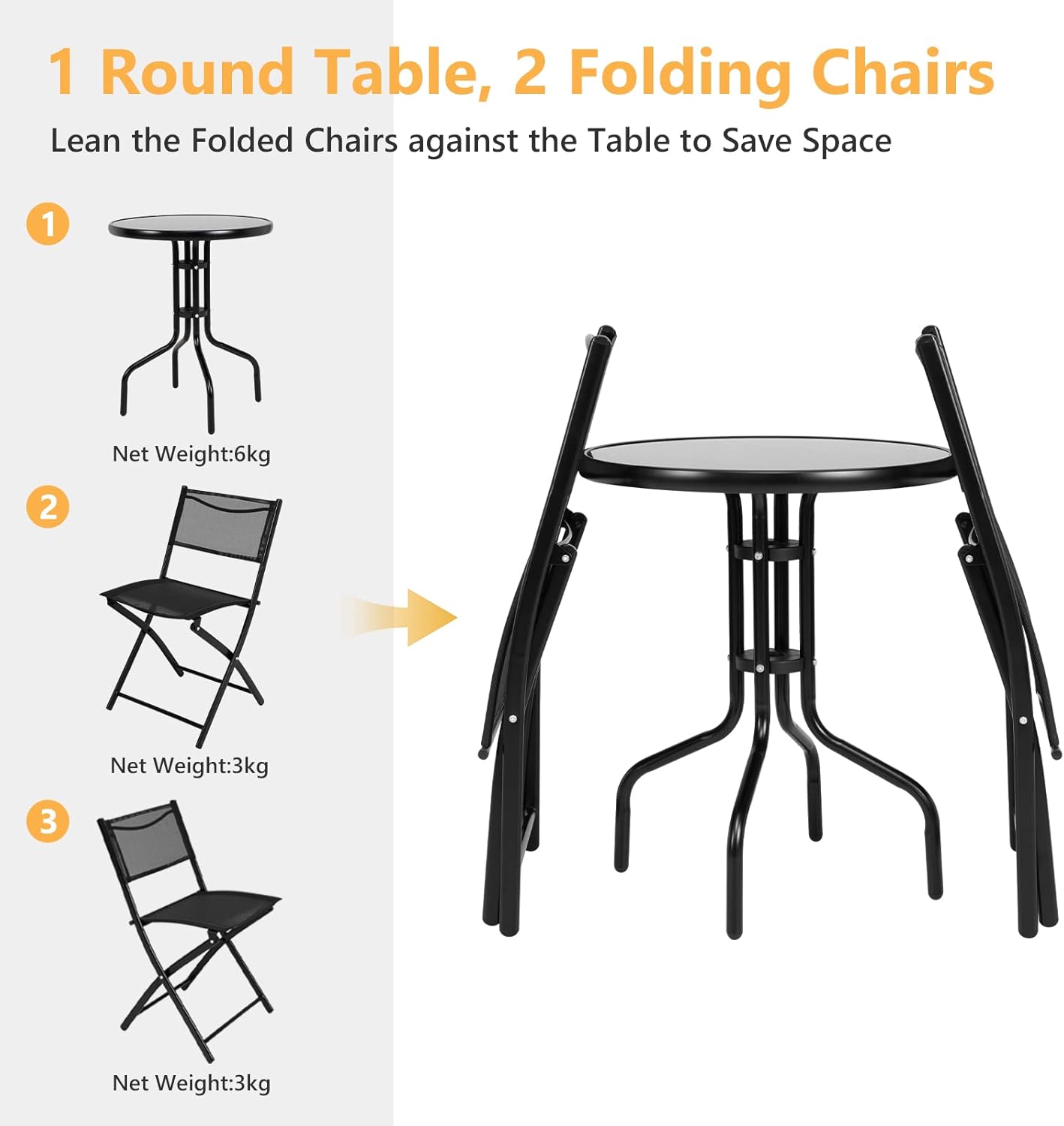 3 Pieces Bistro Set Round Coffee Table & Folding Chairs Set for Balcony Garden Backyard