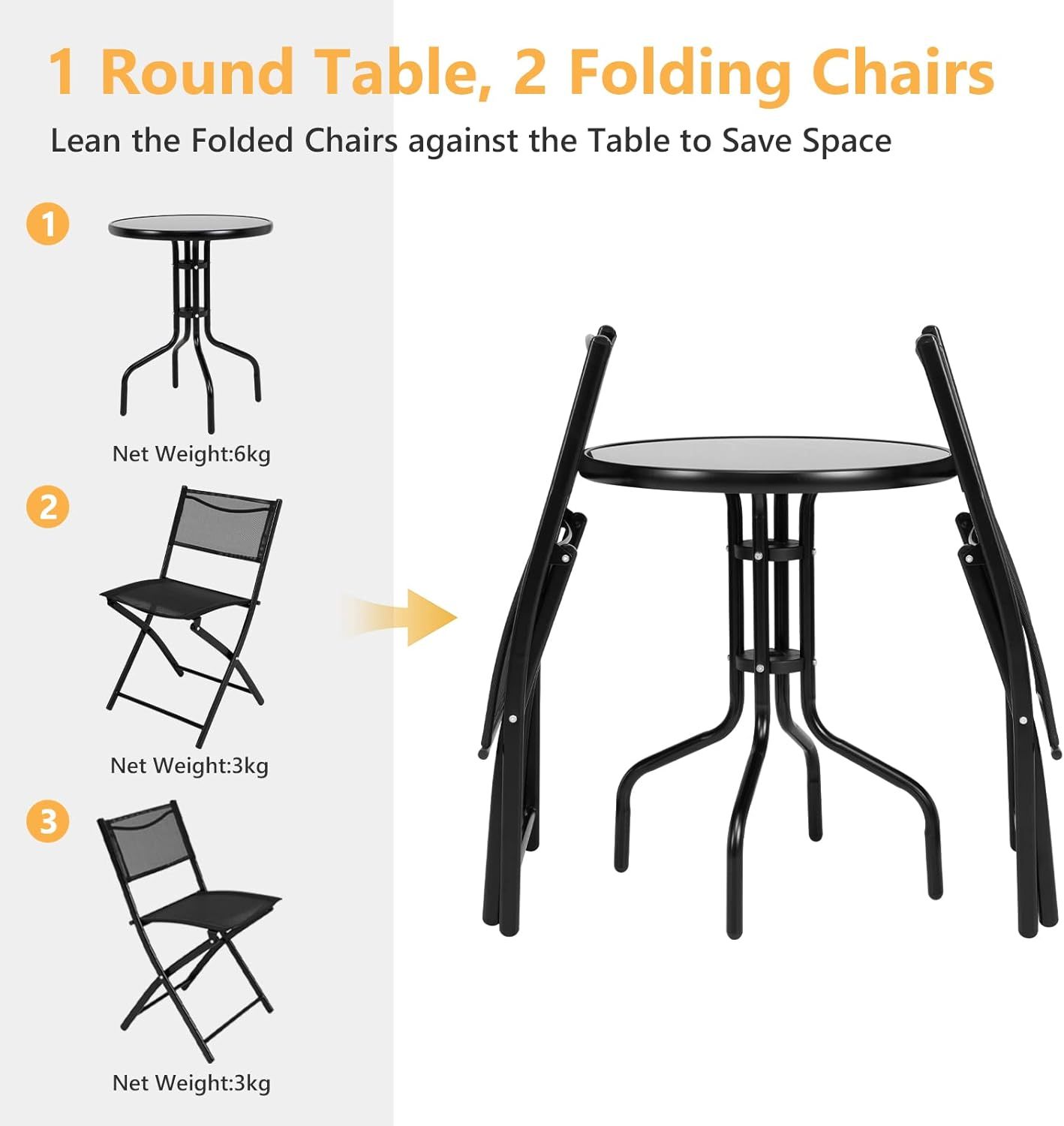 3 Pieces Bistro Set Round Coffee Table & Folding Chairs Set for Balcony Garden Backyard