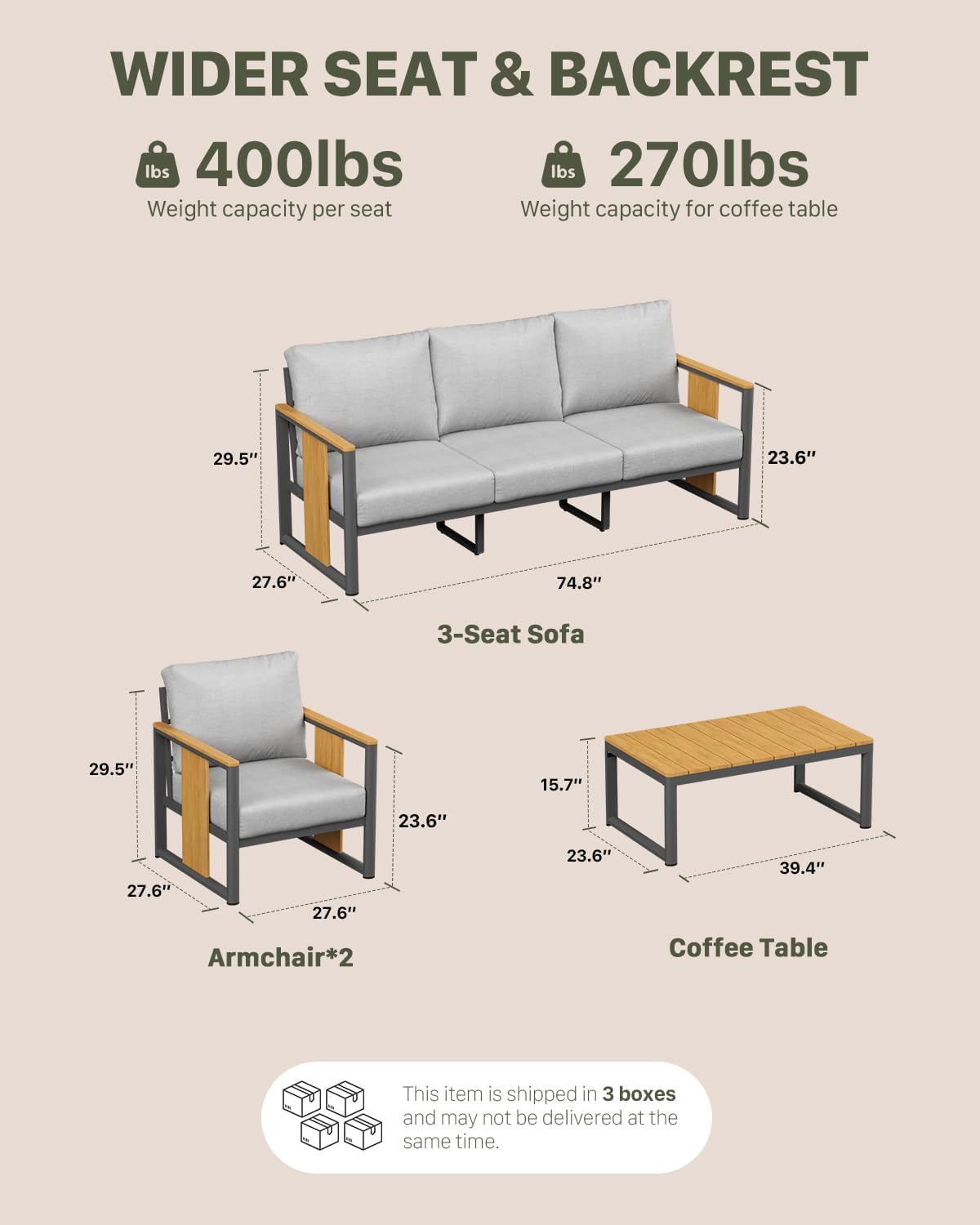 4-Piece Sectional Sofa with Coffee Table, Washable Thick Cushions, Modern Patio Conversation Set