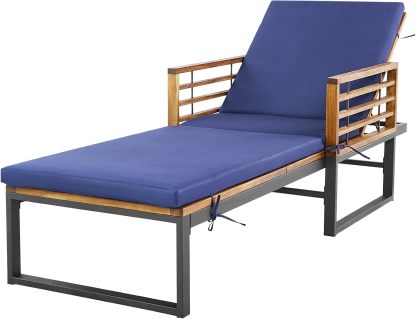 Acacia Wood Chaise Lounge Patio Recliner with 4-Position Adjustable Backrest & Padded Cushion, Outdoor Wooden Sun Lounger Sunbathing Chair for Backyard Beach Poolside