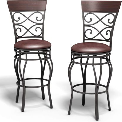 Bar Stools Set of 2, 360 Degree Swivel Counter Height Bar Stools with Leather Padded Seat & Back for Bistro Dining Kitchen Patio, 30" Height Seat Bar Stool Chairs for Kitchen Island