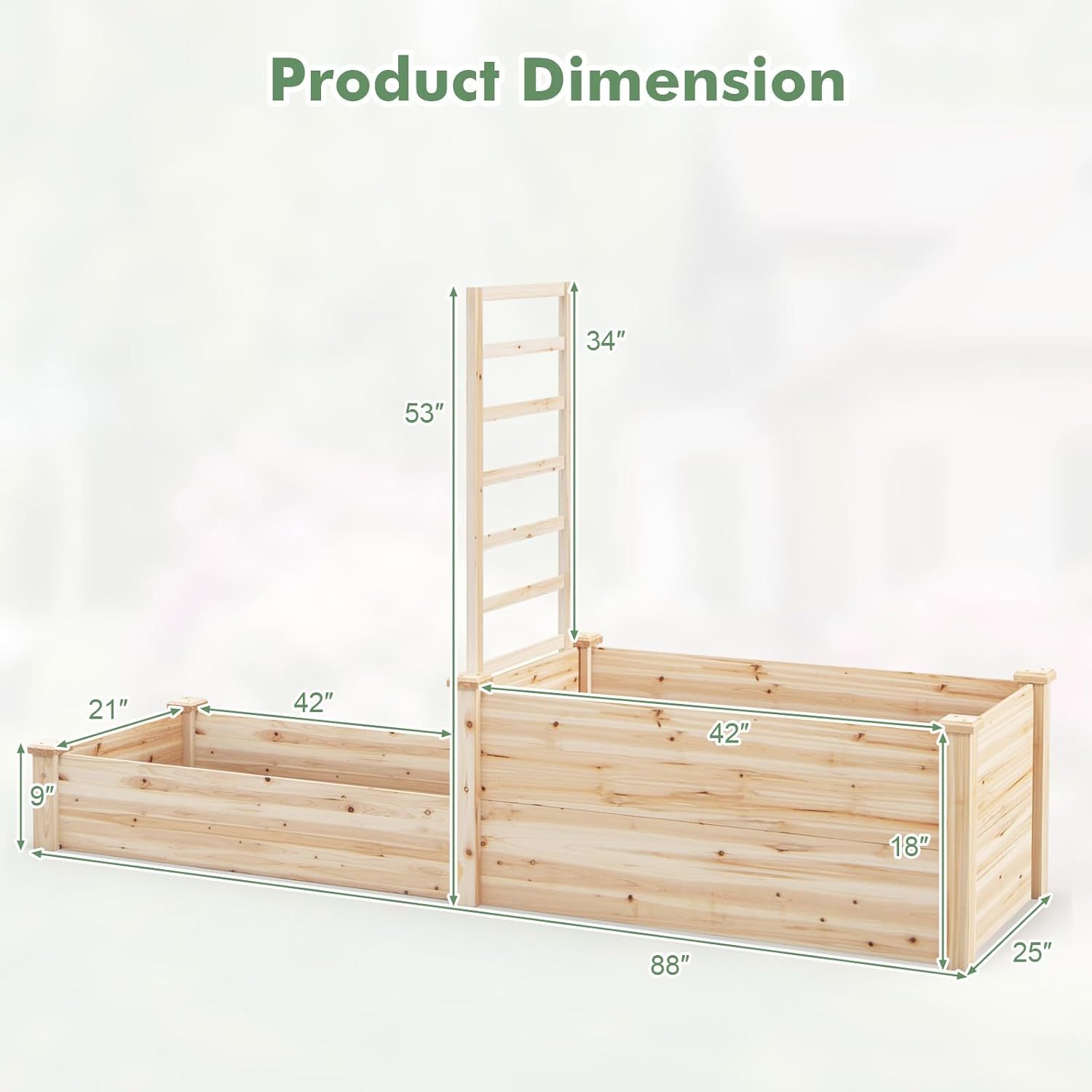 Raised Garden Bed with Trellis, Wood Garden Box w/Open Base Design & 2 Compartments, Outdoor Wooden Planter Box Kit for Vine Climbing, Fruits, Vegetables, Flowers, Herbs