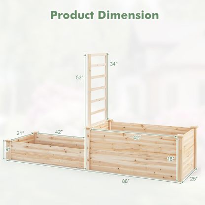 Raised Garden Bed with Trellis, Wood Garden Box w/Open Base Design & 2 Compartments, Outdoor Wooden Planter Box Kit for Vine Climbing, Fruits, Vegetables, Flowers, Herbs