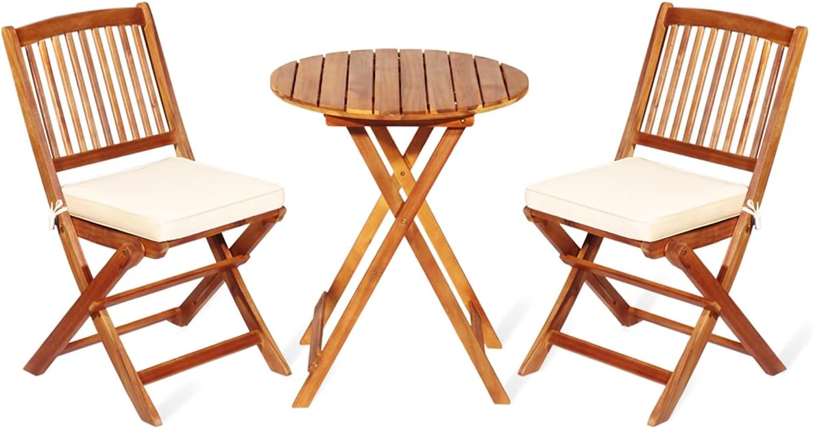 3 Pieces Patio Bistro Set Table & Chair with Cushions Foldable Wooden Furniture Chairs and Coffee Table for Outdoor Balcony Garden Backyard