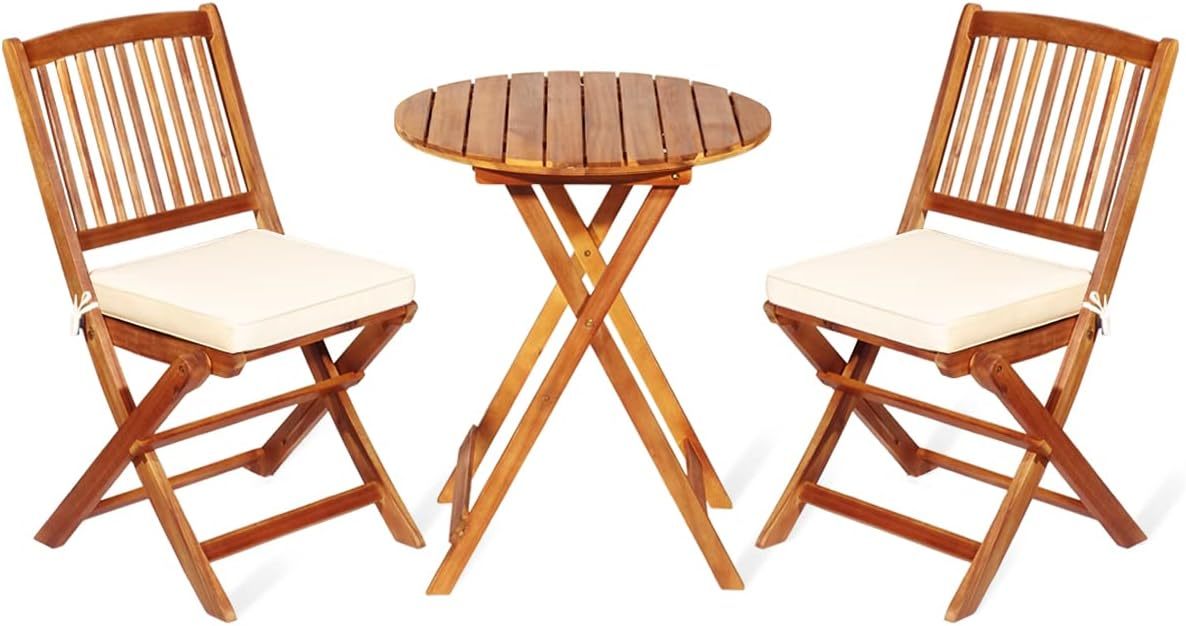 3 Pieces Patio Bistro Set Table & Chair with Cushions Foldable Wooden Furniture Chairs and Coffee Table for Outdoor Balcony Garden Backyard