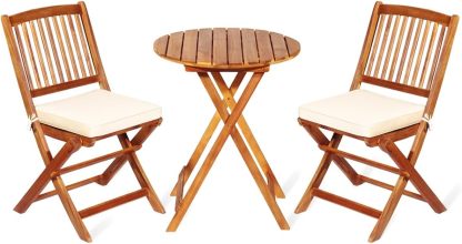 3 Pieces Patio Bistro Set Table & Chair with Cushions Foldable Wooden Furniture Chairs and Coffee Table for Outdoor Balcony Garden Backyard