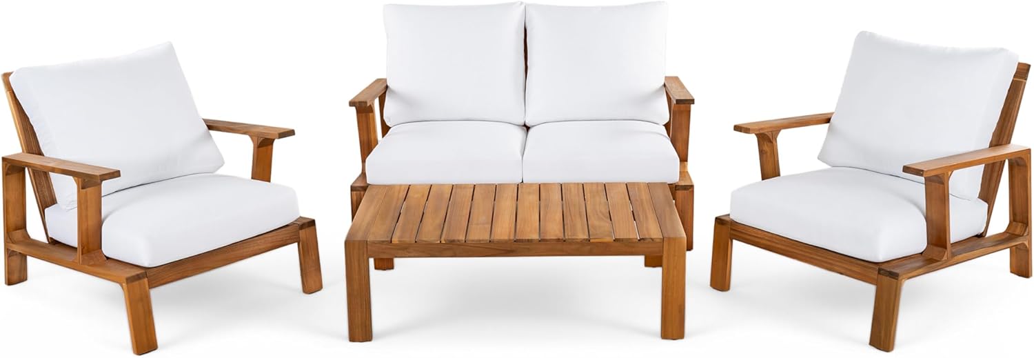 4-Pieces Acacia Wood Patio Furniture Set, All-Weather Sectional Sofa Set w/ 2 Chairs, Loveseat & Coffee Table
