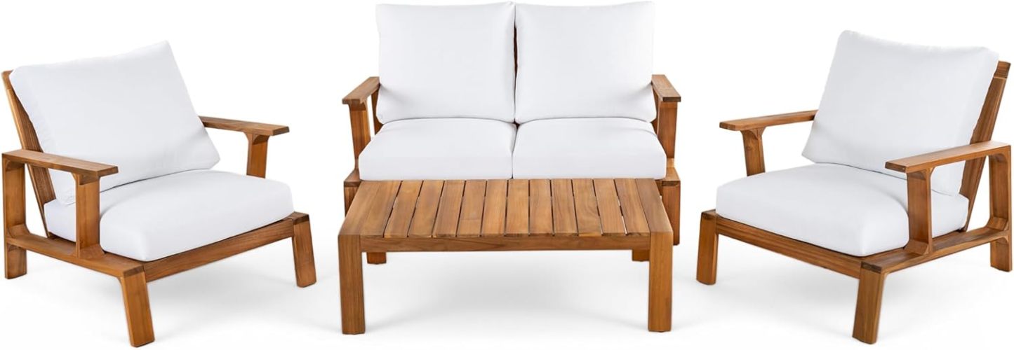 4-Pieces Acacia Wood Patio Furniture Set, All-Weather Sectional Sofa Set w/ 2 Chairs, Loveseat & Coffee Table