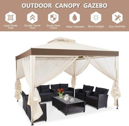 10FT Patio Canopy Gazebo with Double Tiered Roof, Outdoor Tent Shelter Garden Party Tent with Steel Frame & Removable Mesh Side Walls Net for Patio Lawn or Deck