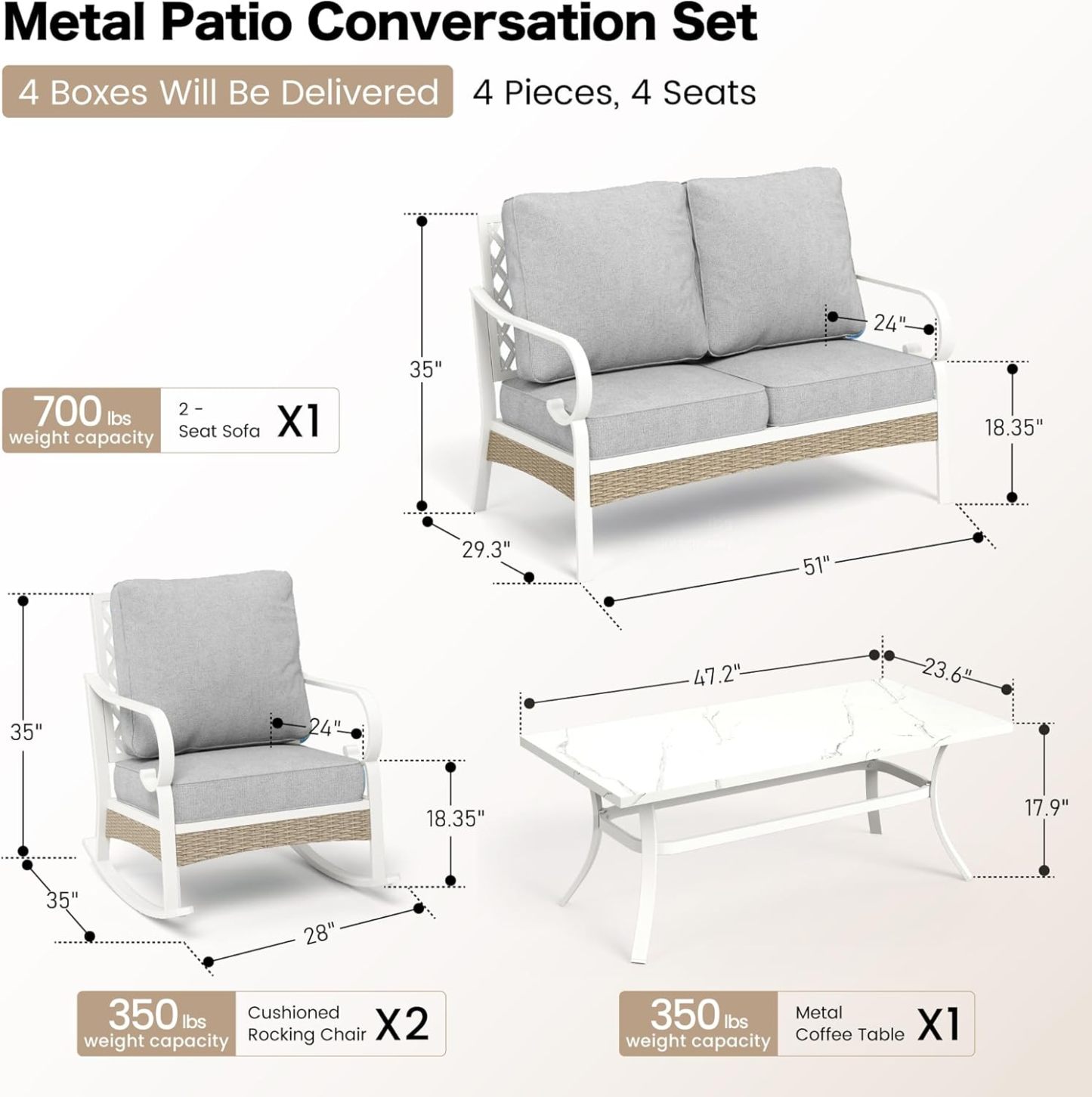 4 Piece Metal Outdoor Patio Furniture Set, Patio Conversation Sets 1 2-Seater Sofa, 2 Single Sofa with 5.75" Extra Thick Cushion and Coffee Table