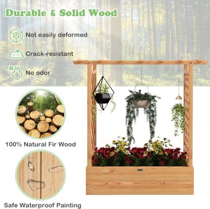 Raised Garden Bed with Trellis, Freestanding Wood Planter Box w/Hanging Roof & 4 Drainage Holes for Vine, Climbing Plants, Flowers, Outdoor Planter with Trellis for Garden, Patio, Yard